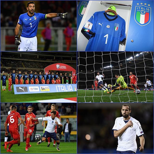 Italy 1 Macedonia 1. Italy wear the new strip and for the first time Gigi Buffon wears the Azurri Blue to debut the new kit. The rest wear white. We got the point. Now it's time to prepare for the play offs